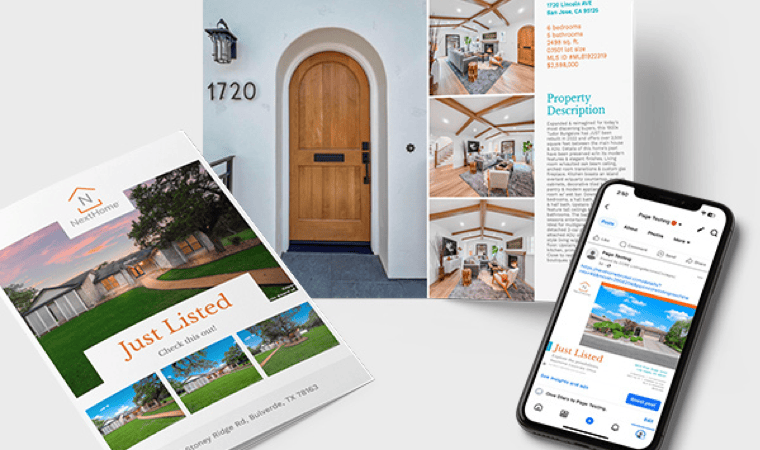 The front cover and inner spread of a real estate listing presentation and a smartphone showing the same listing
