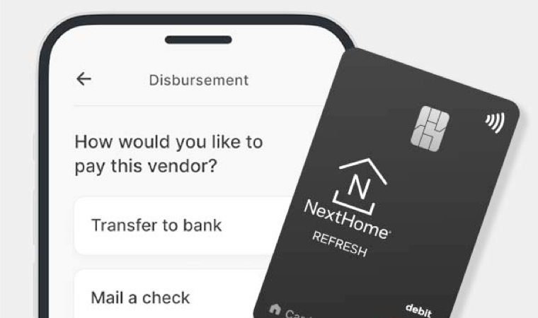 A smartphone displaying a financial app alongside a custom business card branded with the NextHome logo